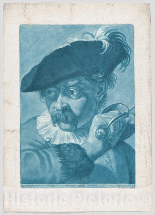 Art Print : Johann Lorenz Haid - Imaginary portrait head of a man in a feathered hat : Vintage Wall Art