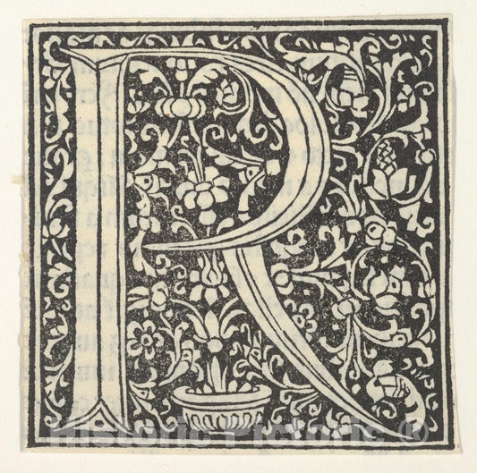 Art Print : Anonymous, Italian, 15th Century - Initial Letter R with Floral Pattern : Vintage Wall Art