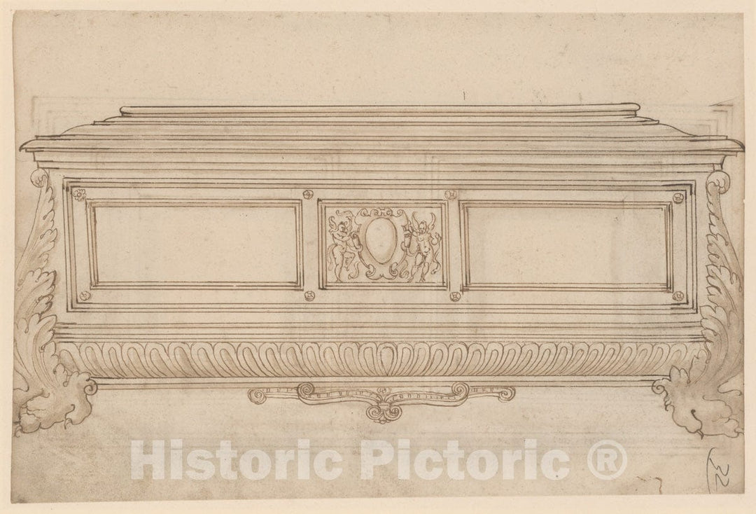 Art Print : Italian, 17th Century - Design for a Cassone. Verso, Design for a Cabinet Door or Cassone Lid : Vintage Wall Art