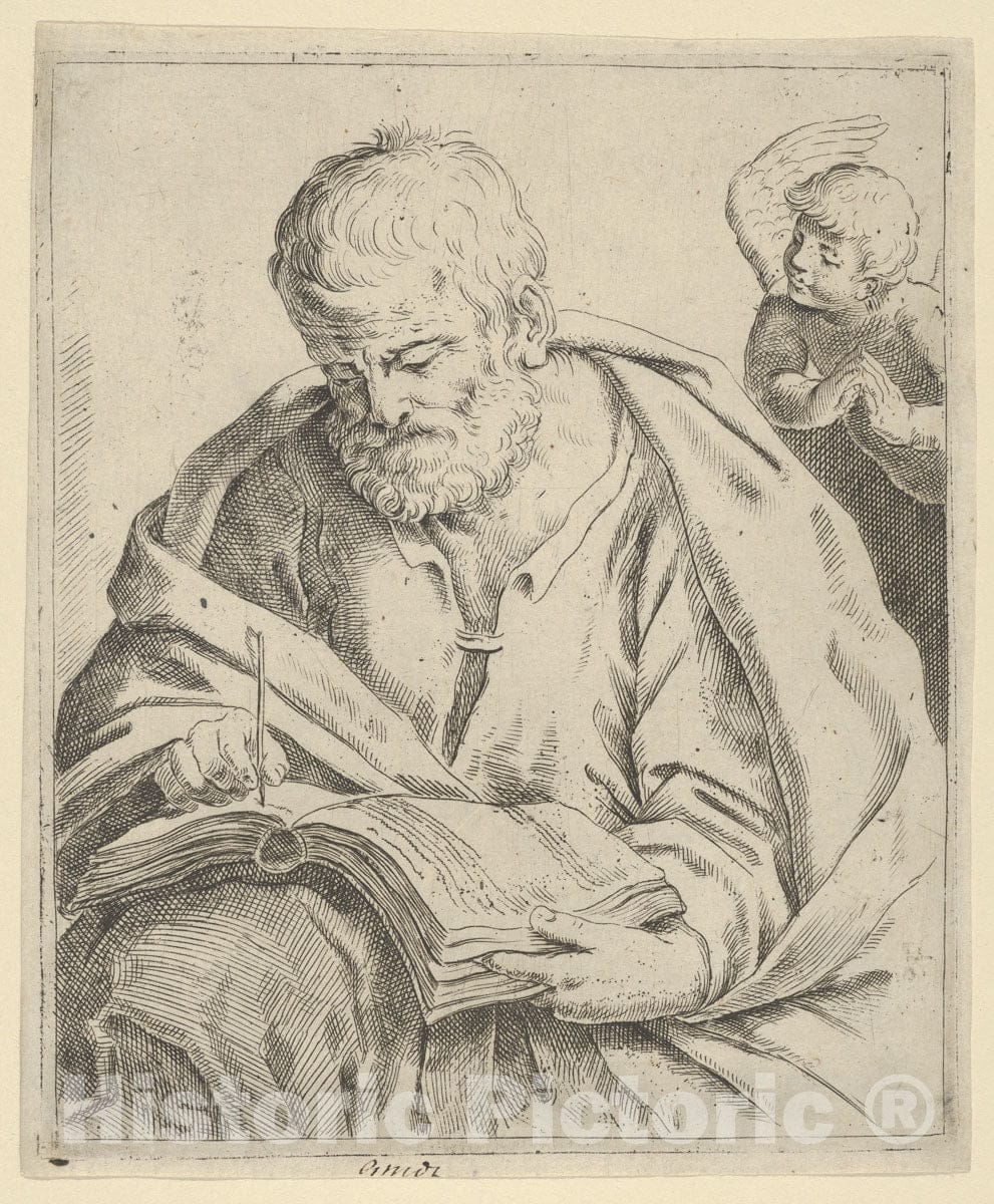 Art Print : Anonymous - Old Man Seated and Writing in a Book, an Angel at Right Looking Over his Shoulder, After Reni (?) : Vintage Wall Art