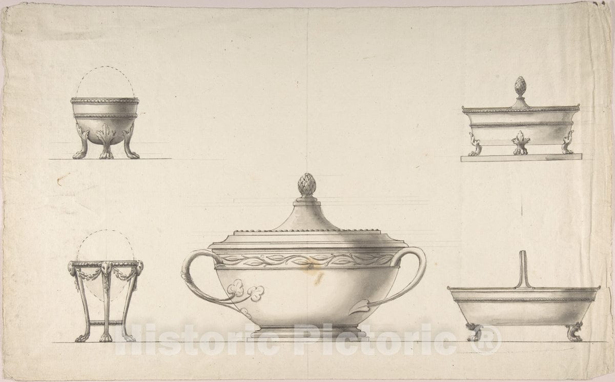 Art Print : Italian, 19th Century - Covered Dish, Two Egg Cups, and Two Salt Cellars : Vintage Wall Art