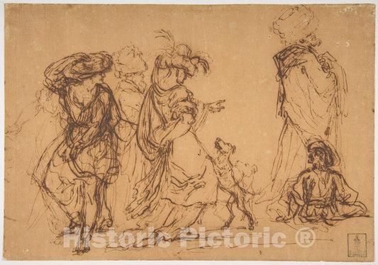 Art Print : Salvator Rosa - Five Figures in Fantastic Costumes with Two Dogs : Vintage Wall Art