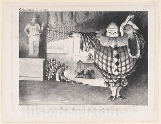 Art Print : Honoré Daumier - Baissez le Rideau, La Farce est Jouée (Bring Down the Curtain; the Farce is Over), published in La Caricature no. 201, c1834 : Vintage Wall Art