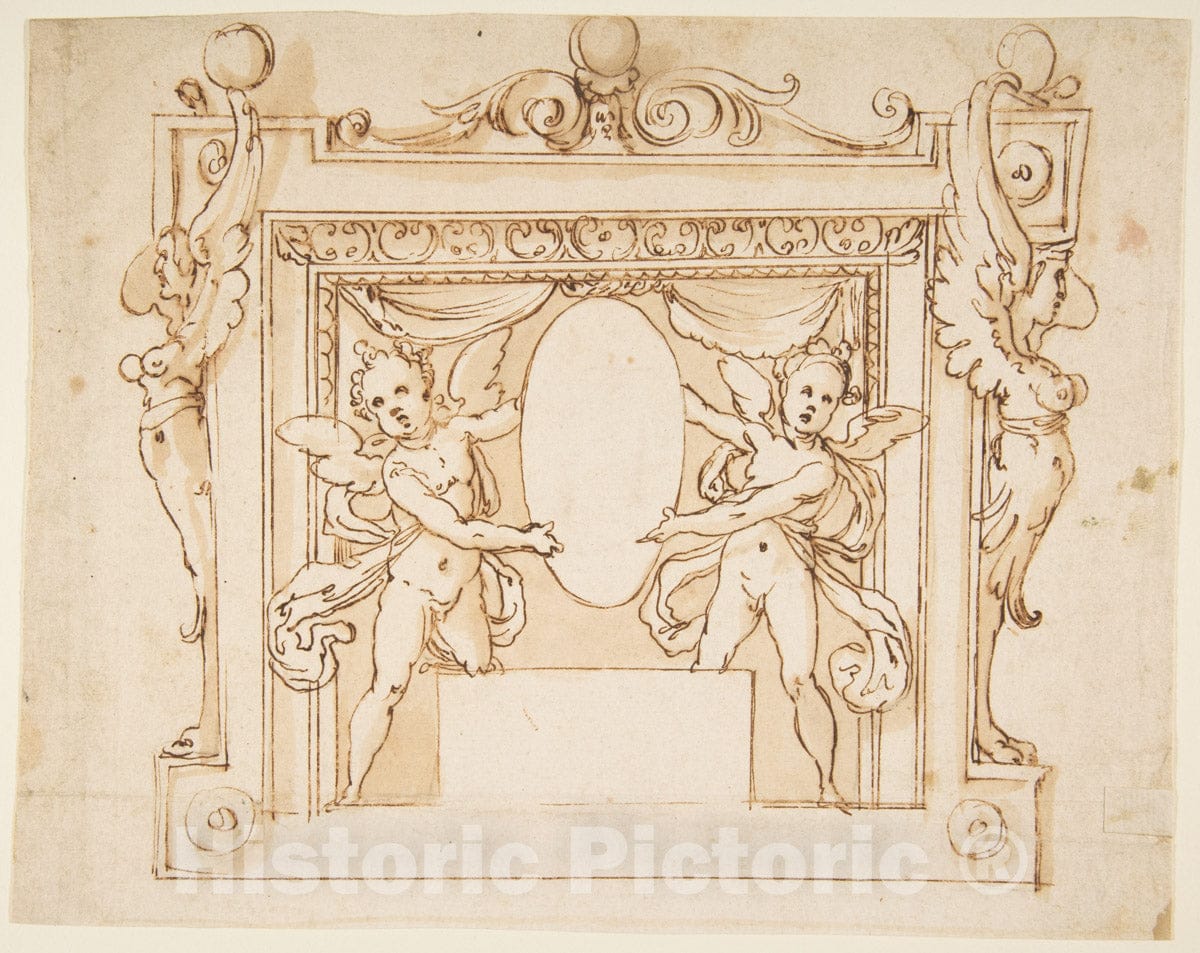 Art Print : Zuccari - Drawing for a Memorial Tablet: Two Winged Children Holding an Empty Oval in a Frame with Gryphons : Vintage Wall Art