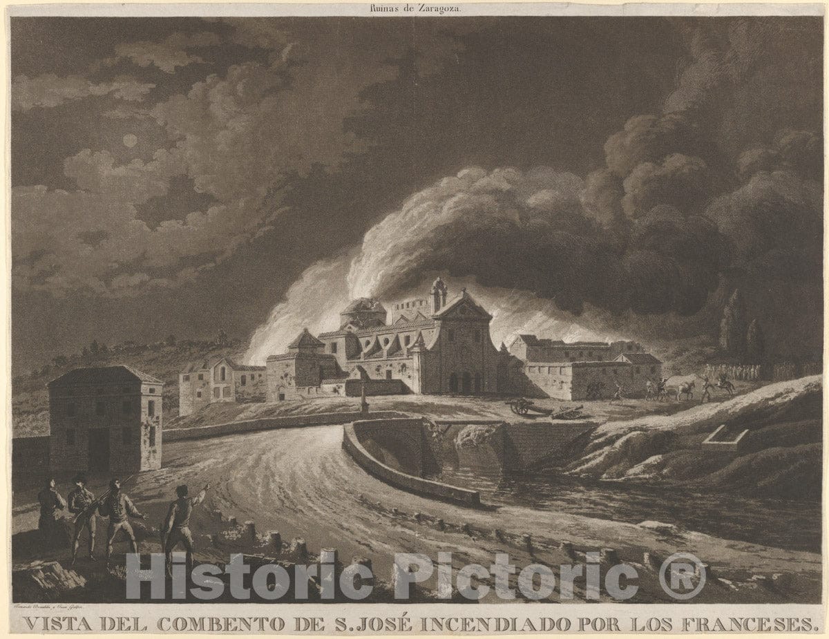 Art Print : Fernando Brambila - View of The Convent of San José in Saragossa Set Alight After Bombing by The invading French Army During The Napoleonic war in Spain : Vintage Wall Art