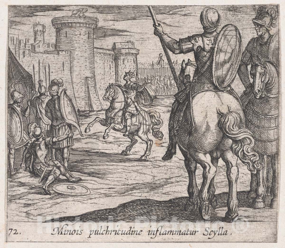 Art Print : Antonio Tempesta - Plate 72: Scylla Watching Minos from The Castle Walls (Minois pulchritudine inflammatur Scylla), from Ovid's 'Metamorphoses' : Vintage Wall Art