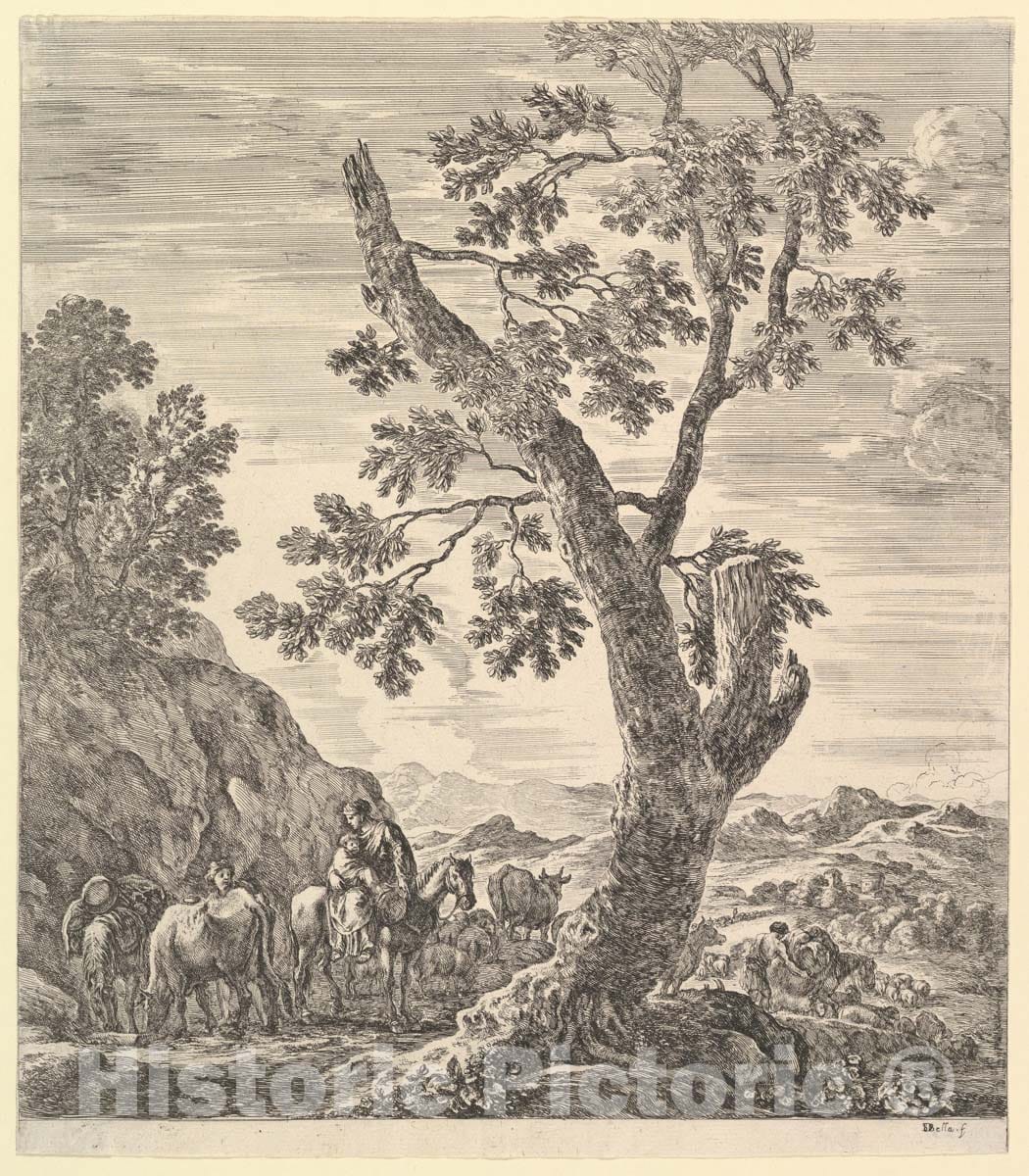 Art Print : A Shepherd with Two Horses and a Peasant Woman on Horseback - Artist: Stefano Della Bella - Created: c1656 : Vintage Wall Art