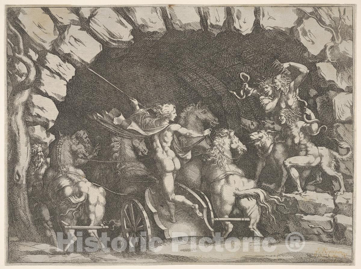 Art Print : Pluto, seen from Behind, Entering The Underwold on his chairot - Artist: Pietro Santi Bartoli - Created: c1680 : Vintage Wall Art