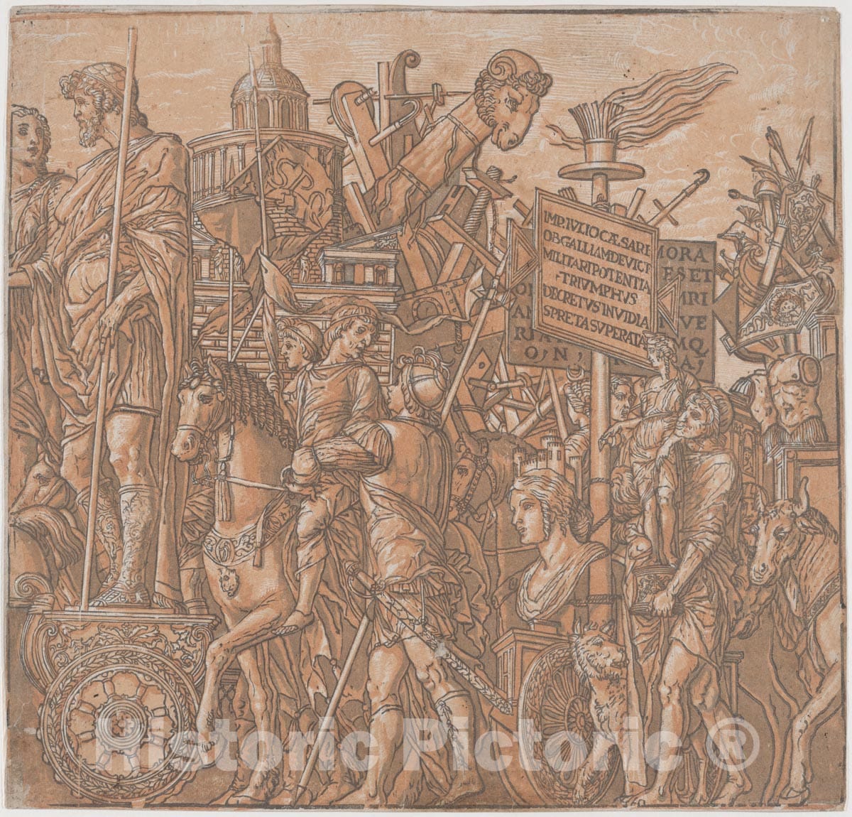 Art Print : Andrea Andreani - Sheet 2: A Figure on a Triumphal Chariot Surrounded by Figures on Horseback, from The Triumph of Julius Caesar : Vintage Wall Art