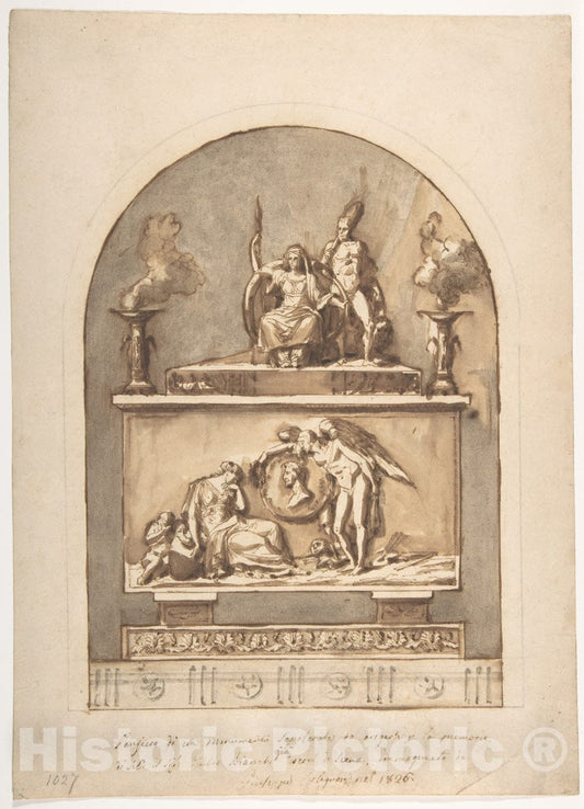 Art Print : Design for a Sepulchral Monument Divided in Two Parts with Bas Relief Surmounted by Statues and Foliate ation Below. - Artist: Colignon - Created: 1826 : Vintage Wall Art