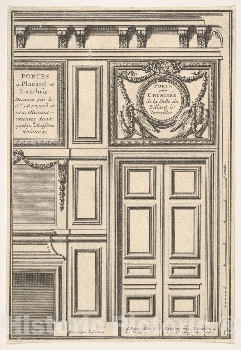 Art Print : Door and Chimney of The Billiards Room at Versailles - Artist: Jean Le Pautre - Created: 17th Century : Vintage Wall Art