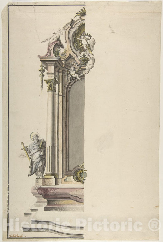 Art Print : Johann Georg Dirr - Design for an Aedicular Altar with St. Paul at The Left : Vintage Wall Art