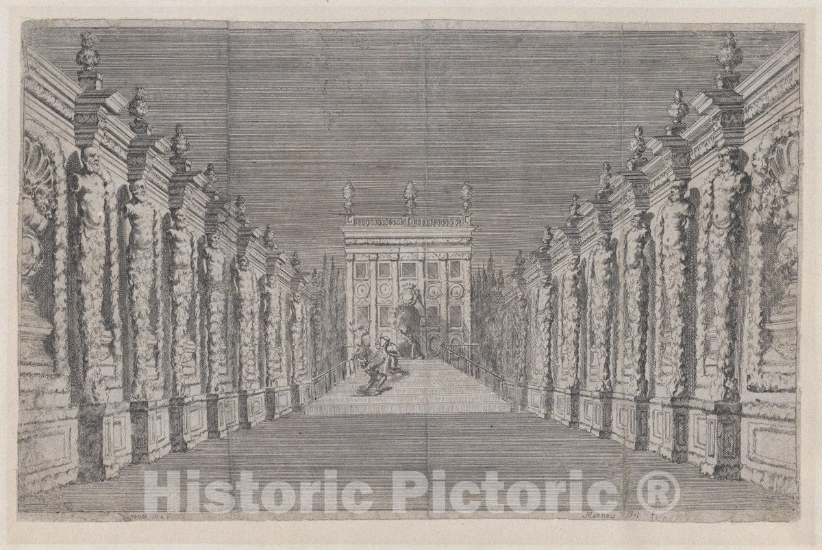 Art Print : Mathäus Küsel - Theatrical Scene with Four Figures on a Staircase in The Distance, Two of which are Engaged in a Brawl : Vintage Wall Art