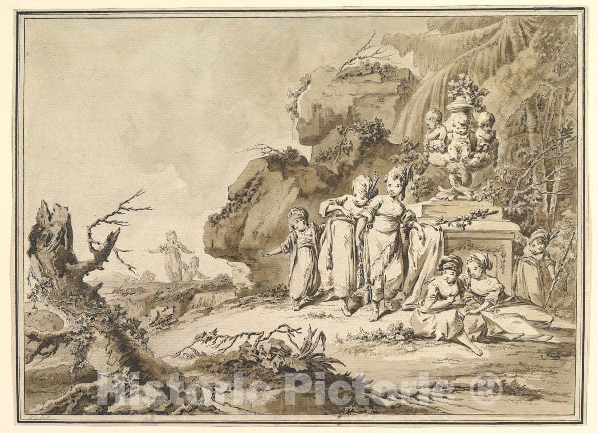 Art Print : Tiberius Domenikus Wocher - Landscape with Children in Oriental Costume : Vintage Wall Art