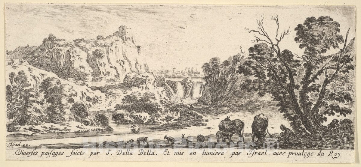 Art Print : A Waterfall Descending from The Mountains - Artist: Stefano Della Bella - Created: c1641 : Vintage Wall Art