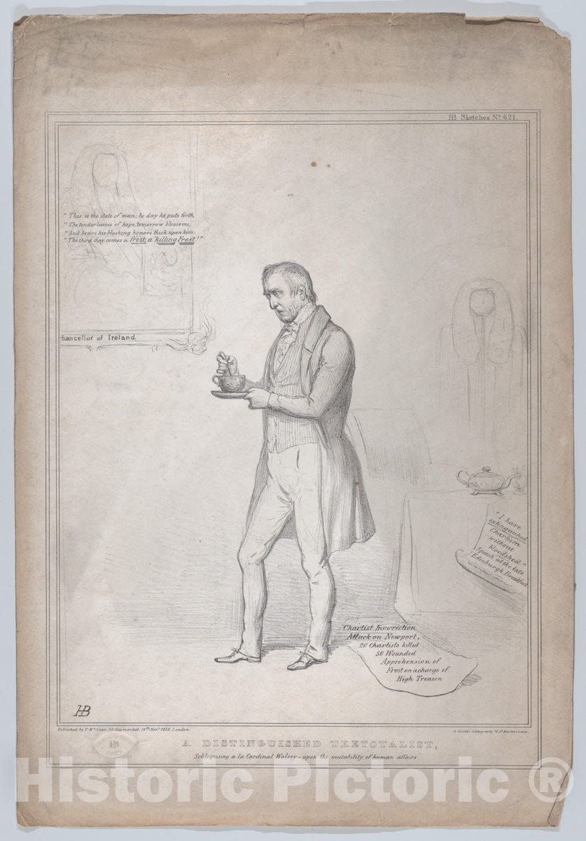 Art Print : John Doyle - A Distinguished Teetotalist, Soliloquising a-la Cardinal Wolsey–Upon The Mutability of Human Affairs : Vintage Wall Art