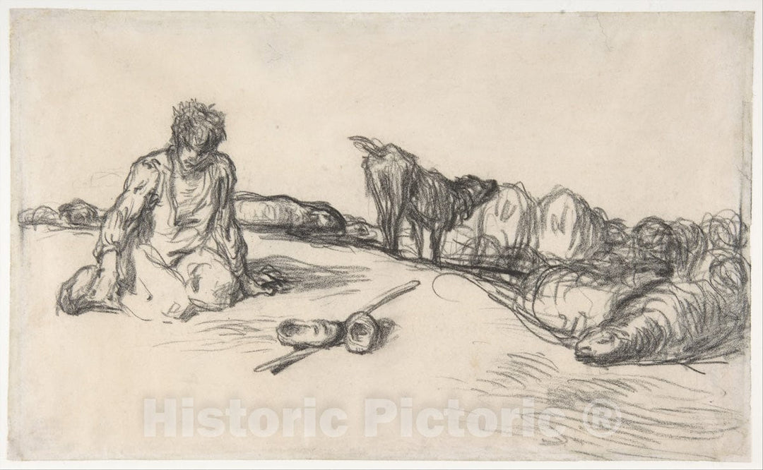 Art Print : Jean-François Millet - A Seated Shepherd with His Dog and Sheep : Vintage Wall Art