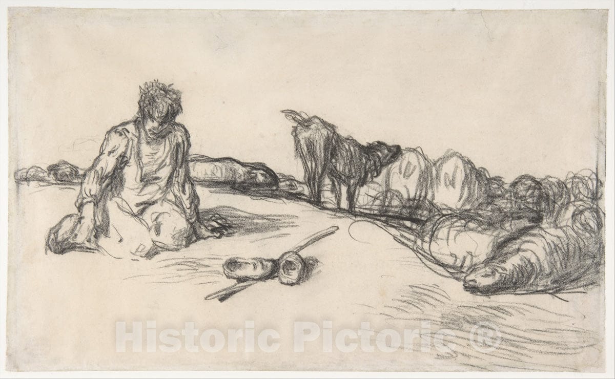 Art Print : Jean-François Millet - A Seated Shepherd with His Dog and Sheep : Vintage Wall Art