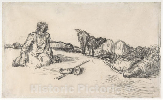 Art Print : Jean-François Millet - A Seated Shepherd with His Dog and Sheep : Vintage Wall Art