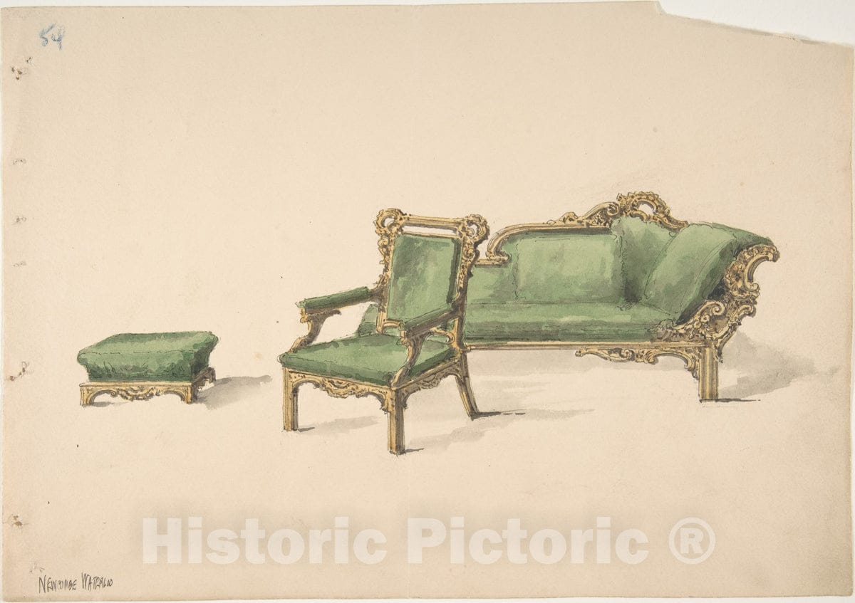 Art Print : British, 19th Century - Design for a Gilded Settee, Arm Chair and Footstool with Green Upholstery : Vintage Wall Art