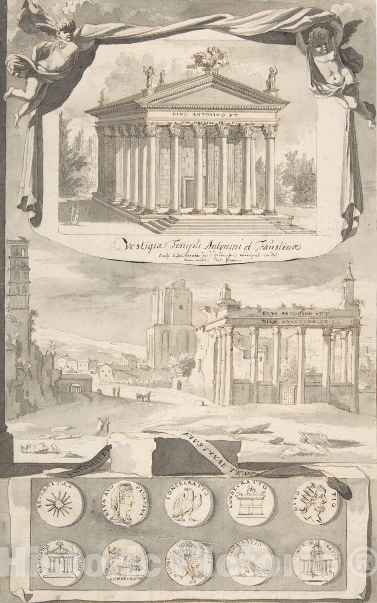 Art Print : Jan Goeree - A Reconstruction of The Temple of Antonious and Faustina (Above) and a View of The Ruins (Below) : Vintage Wall Art