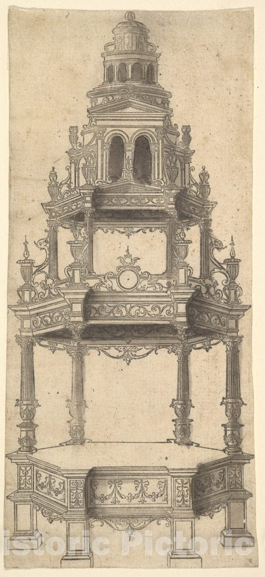 Art Print : Anonymous, French, 16th Century - Hexagonal Raised Platform with an Architecturally-Shaped Canopy : Vintage Wall Art