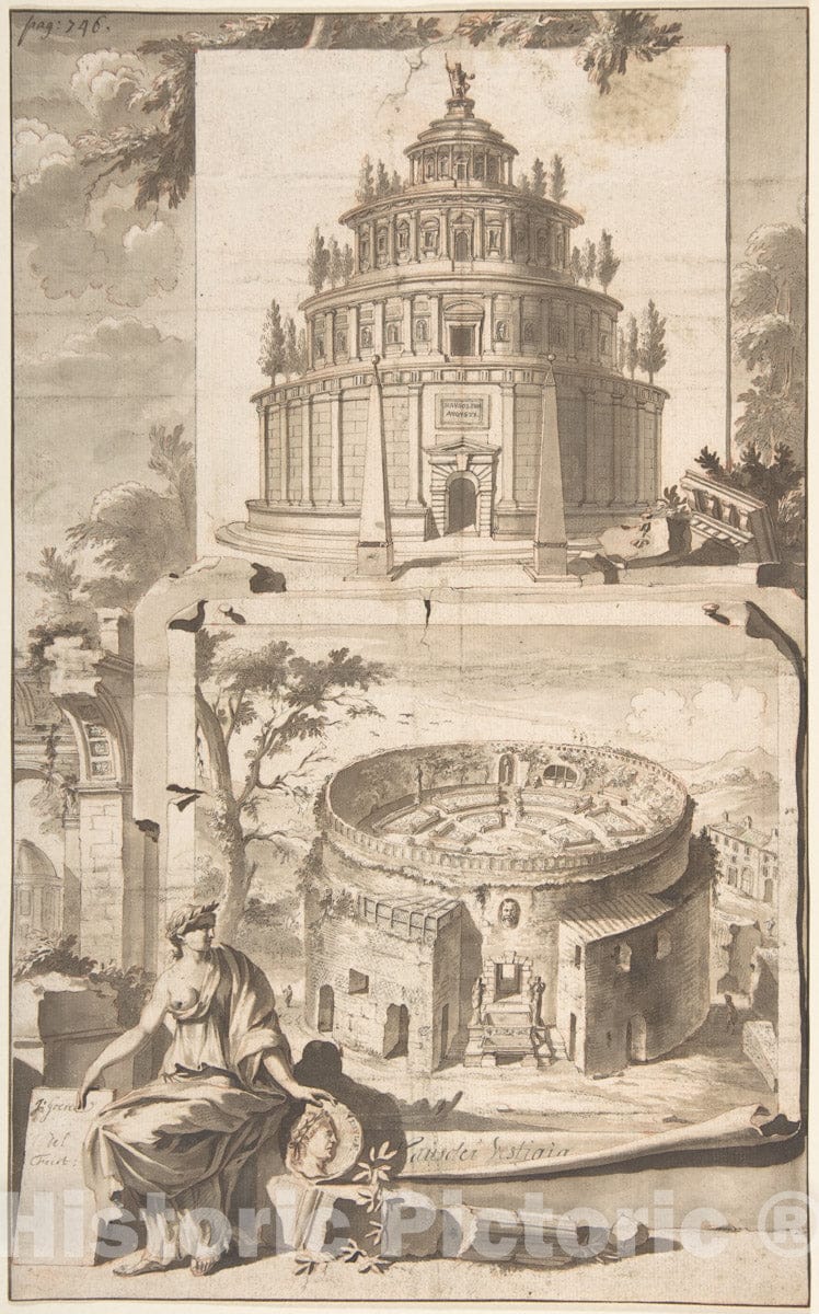 Art Print : Jan Goeree - A Reconstruction of The Mausoleum of Augustus (Above) and a View of The Ruins (Below) : Vintage Wall Art