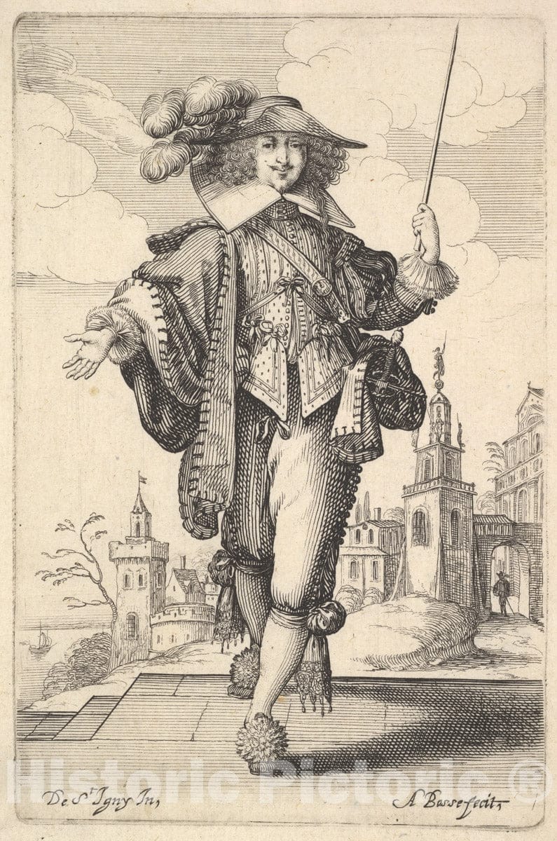 Art Print : Abraham Bosse - A Gentleman Walking Forward, with his Right arm Outstretched and a Whip in his Left Hand, Wearing a plumed hat and ated Shoes : Vintage Wall Art