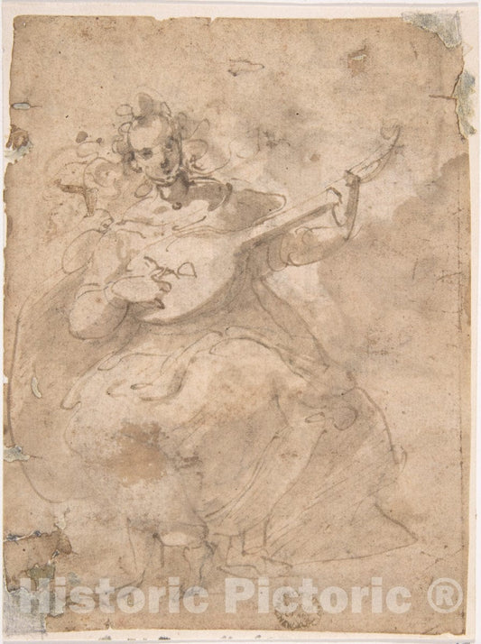 Art Print : Italian, Roman-Bolognese, 17th Century - Girl Playing a Lute : Vintage Wall Art