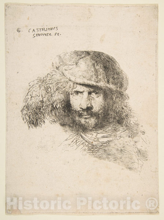Art Print : Giovanni Benedetto Castiglione (Il Grechetto) - Head of a Man with a Feathered Cap (Bernini?) : Vintage Wall Art