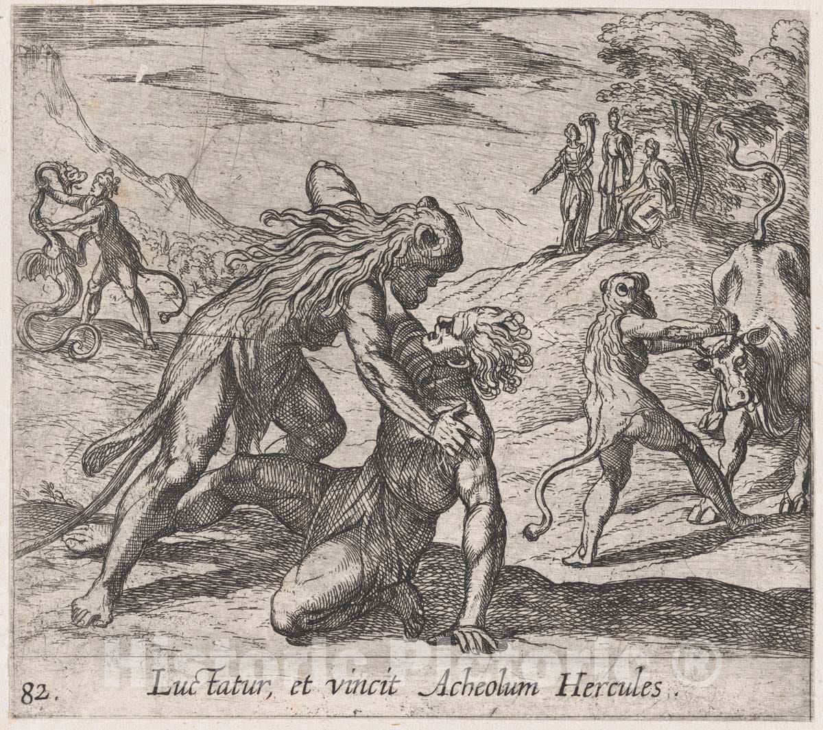 Art Print : Antonio Tempesta - Plate 82: Hercules and Acheloüs (Luctatur, et Vincit Acheolum Hercules), from Ovid's 'Metamorphoses' : Vintage Wall Art