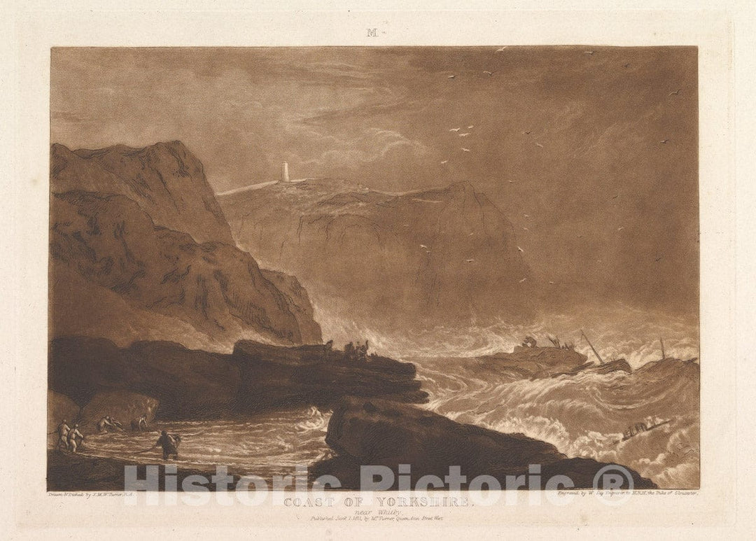 Art Print : Designed and Etched by Joseph Mallord William Turner - Coast of Yorkshire, Near Whitby (Liber Studiorum, Part V, Plate 24) 3 : Vintage Wall Art