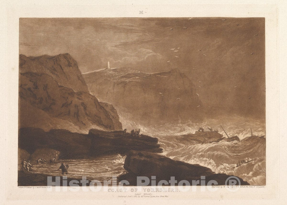 Art Print : Designed and Etched by Joseph Mallord William Turner - Coast of Yorkshire, Near Whitby (Liber Studiorum, Part V, Plate 24) 3 : Vintage Wall Art