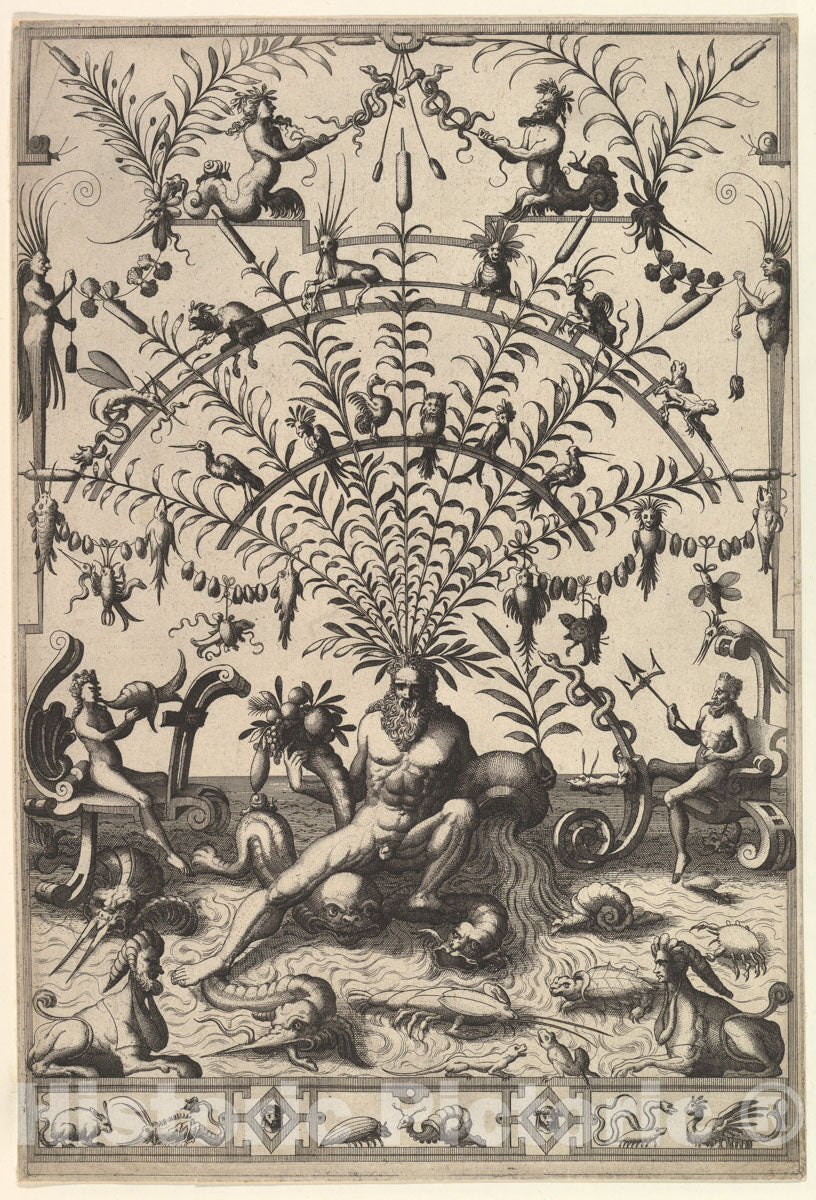 Art Print : Johannes Van Doetecum The Elder - Modern Grotesque Decoration with a River God : Vintage Wall Art