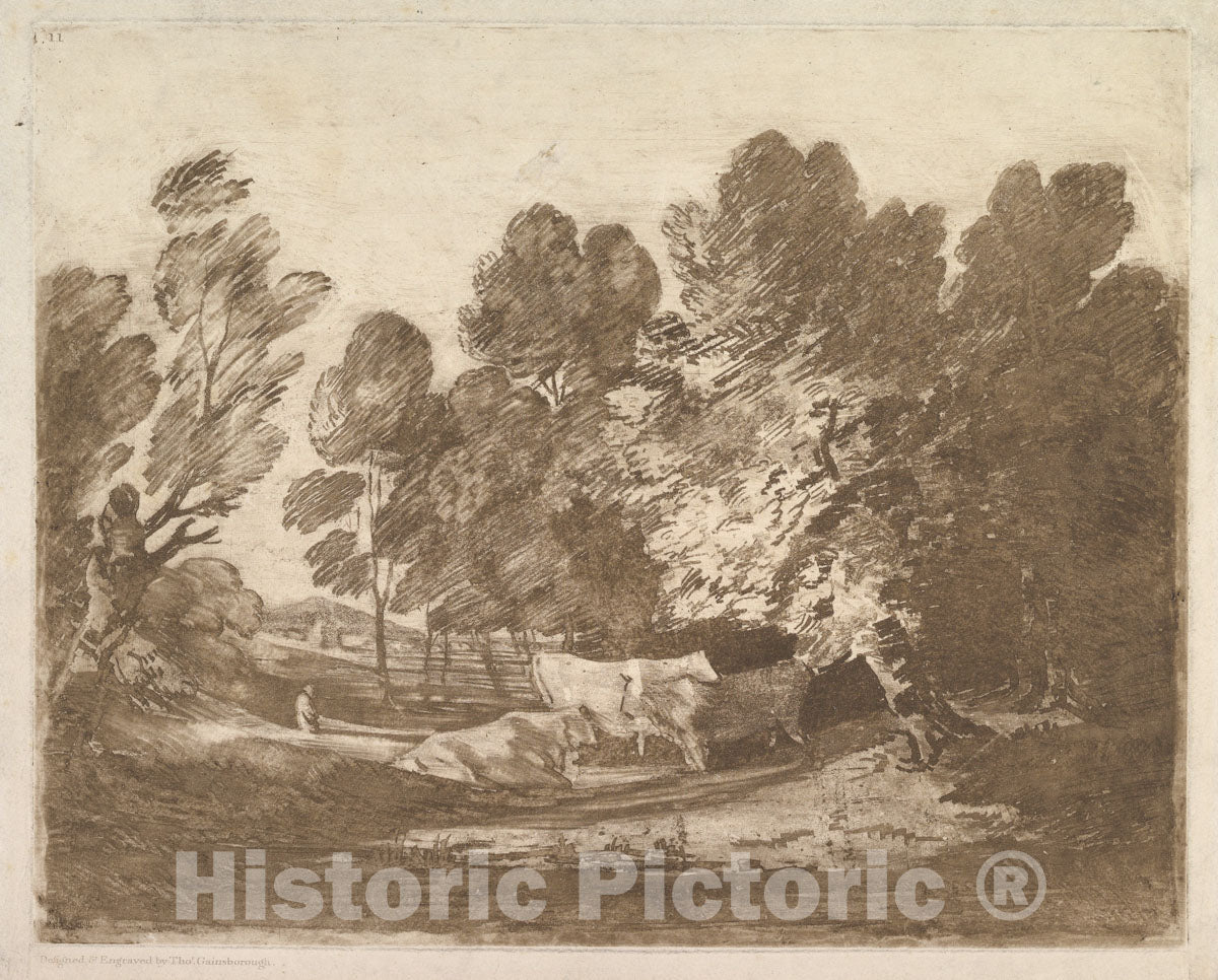 Art Print : Thomas Gainsborough - Wooded Landscape with Herdsmen and Cows 1 : Vintage Wall Art