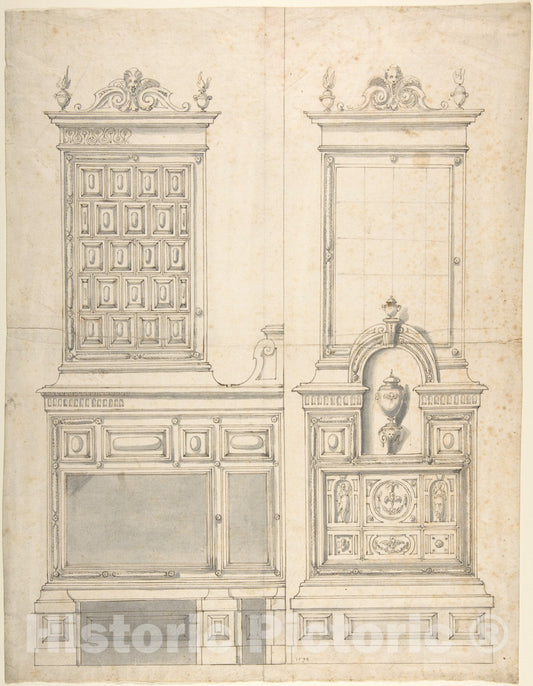 Art Print : Workshop of Friedrich Sustris - Design for a Stove and Wall Fountain (?) : Vintage Wall Art