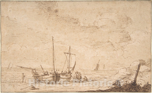 Art Print : Pieter Mulier The Elder - Beach Scene with Boats : Vintage Wall Art