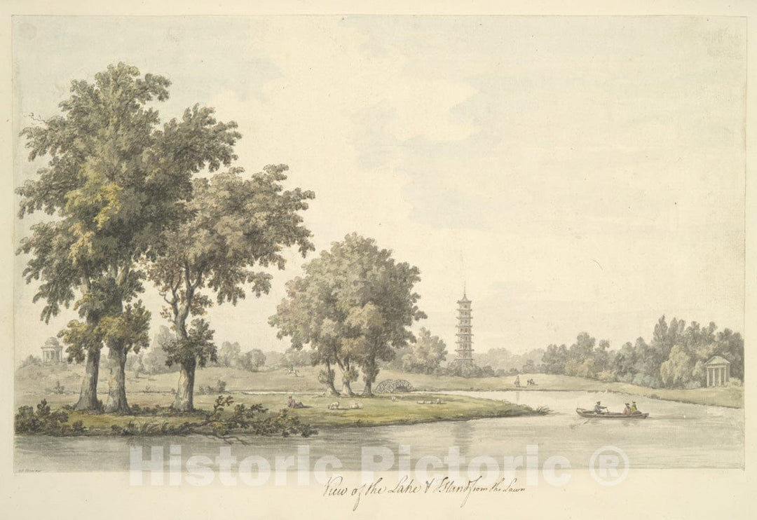 Art Print : William Marlow - View of The Lake and The Island from The Lawn at Kew : Vintage Wall Art