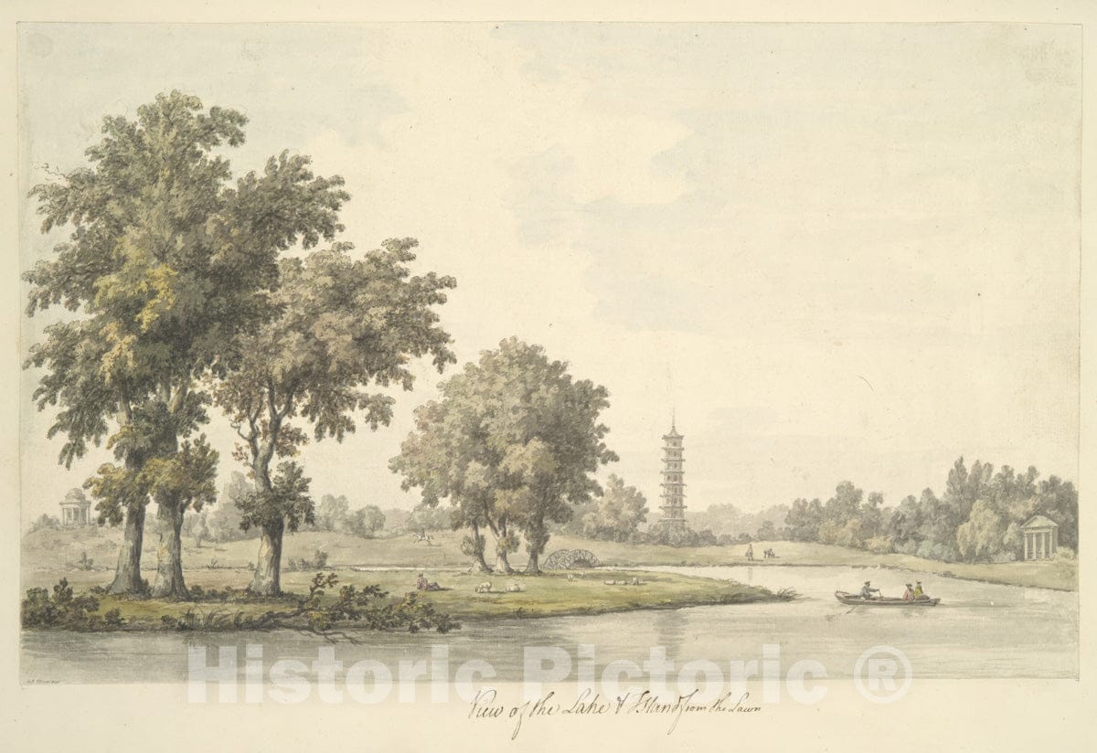 Art Print : William Marlow - View of The Lake and The Island from The Lawn at Kew : Vintage Wall Art