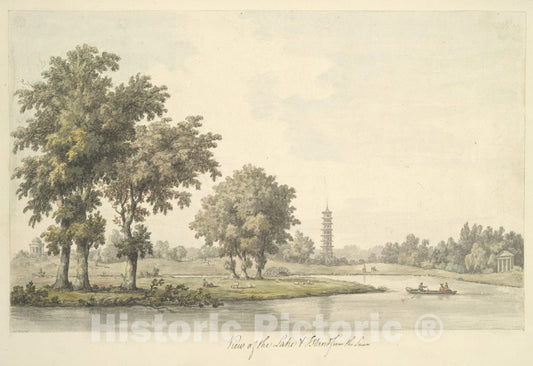 Art Print : William Marlow - View of The Lake and The Island from The Lawn at Kew : Vintage Wall Art