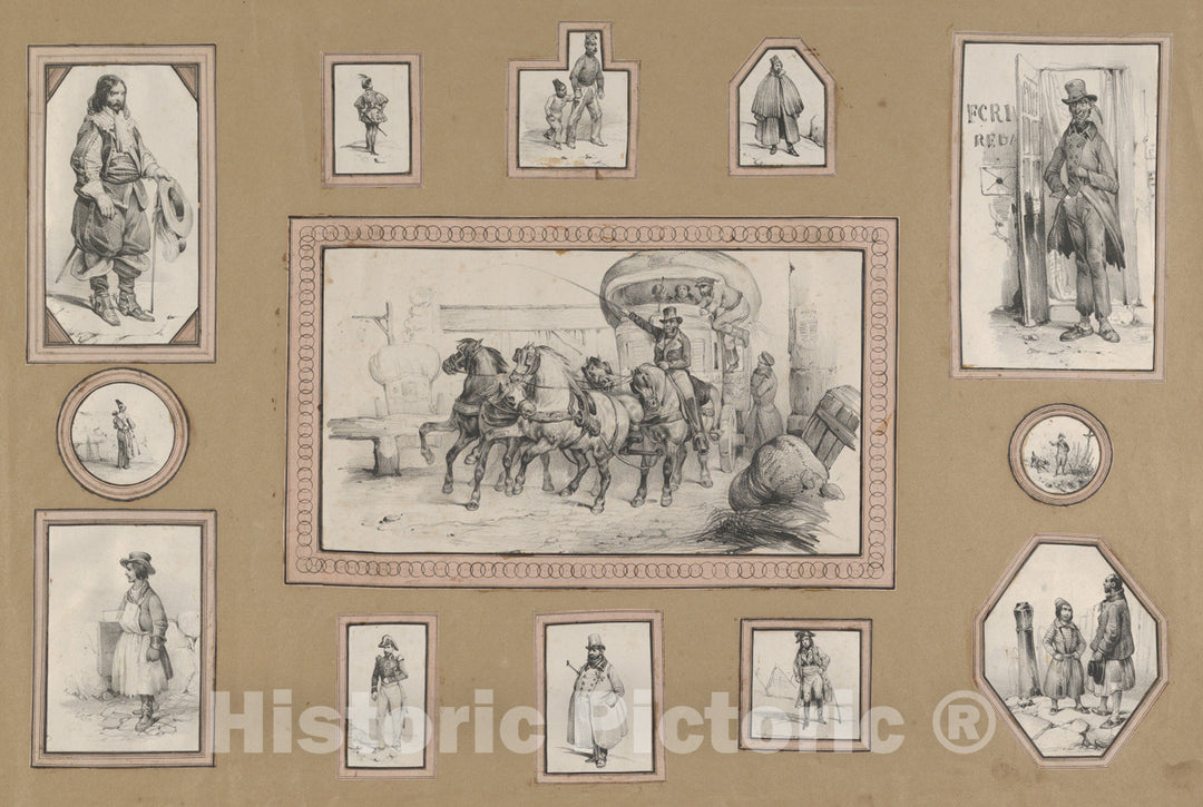 Art Print : Victor Adam - 13 Mounted Prints Depicting a Carriage Scene at Center Surrounded by Various Men : Vintage Wall Art