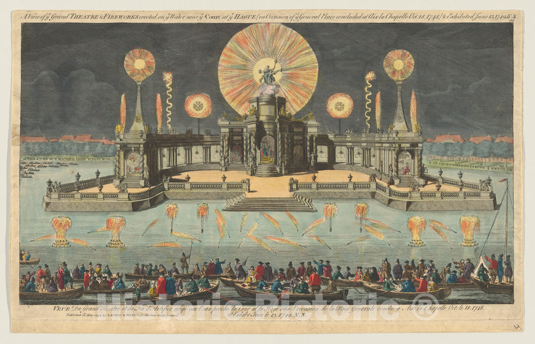Art Print : A View of ye Grand Theatre & Fireworks erected on ye Water Near ye Court at ye Hague - Artist: Robert Laurie - Created: 1794 : Vintage Wall Art