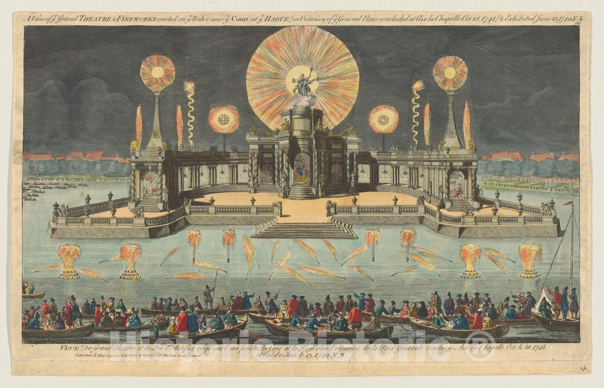 Art Print : A View of ye Grand Theatre & Fireworks erected on ye Water Near ye Court at ye Hague - Artist: Robert Laurie - Created: 1794 : Vintage Wall Art