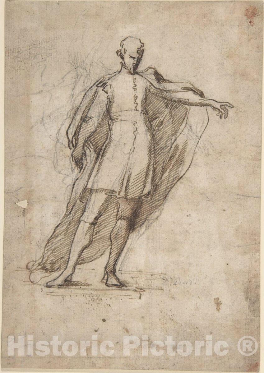 Art Print : Italian, Early 19th Century - Sketch of a Standing Male Figure Wearing a Cape : Vintage Wall Art