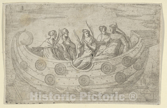 Art Print : Anonymous, Italian, 16th Century - Five Women in a Boat, Holding Palm Leaves : Vintage Wall Art