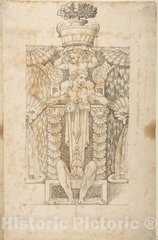 Art Print : Italian, Lombard, 16th Century - Design for a Wall Fountain - 436987 : Vintage Wall Art