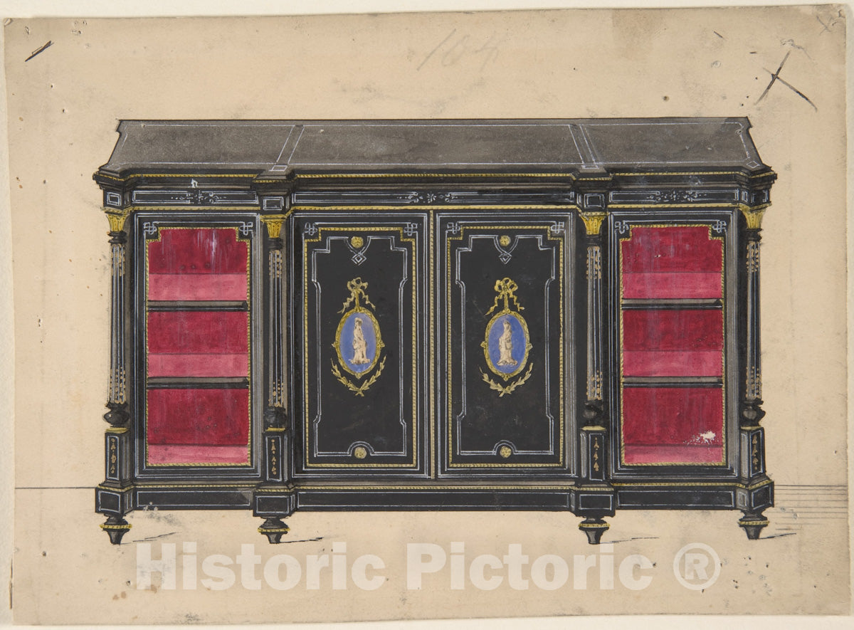 Art Print : British, 19th Century - Cabinet Design with Porcelain Plaques and Red Interior : Vintage Wall Art