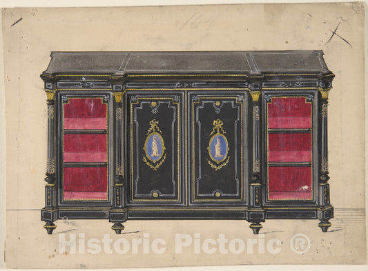 Art Print : British, 19th Century - Cabinet Design with Porcelain Plaques and Red Interior : Vintage Wall Art
