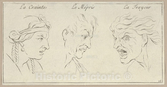 Art Print : Sébastien Le Clerc, le Jeune - Le Crainte, Le Mépris, La Frayeur (from Caractères des Passions, gravés sur les desseins de l'illustre Monsieur le Brun) : Vintage Wall Art