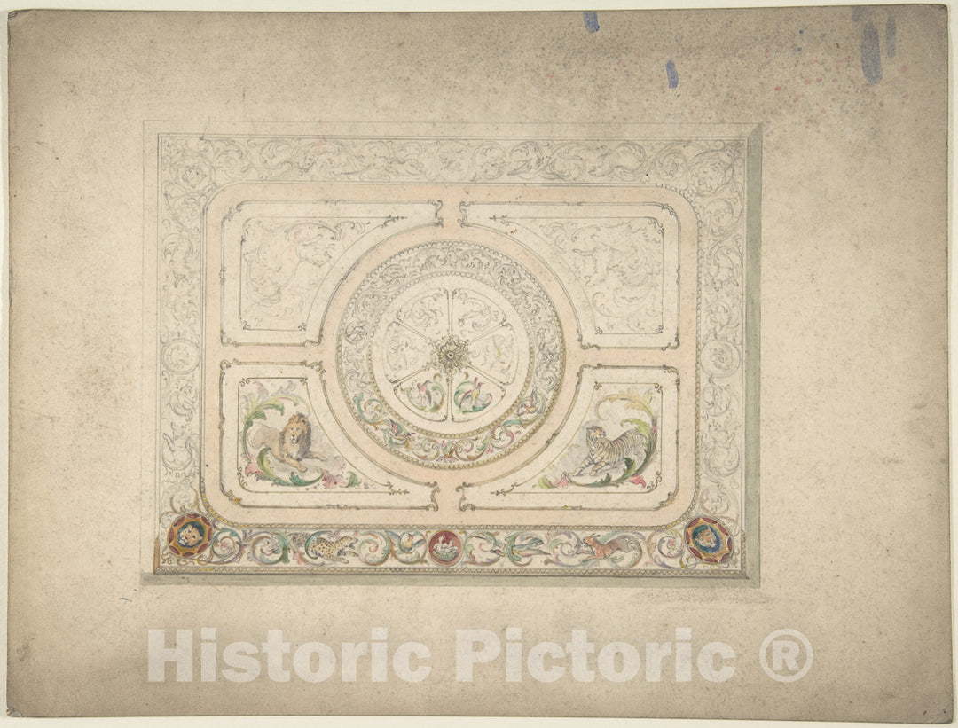 Art Print : British, 19th Century - Design for a Ceiling with Lion and Lioness : Vintage Wall Art